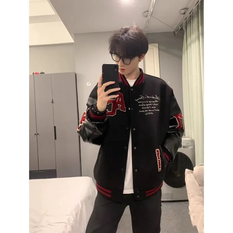 黑色重工刺绣棒球服男秋季美式复古重磅拼接夹克潮牌cleanfit外套