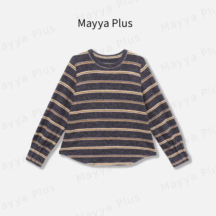 【曲意】Mayya Plus麦芽定制撞色条纹气质显瘦磨毛针织上衣32547656