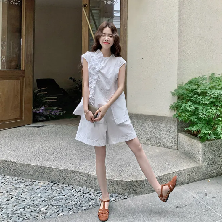 立体花朵无袖背心短裤套装2025夏季新款韩系松弛感可盐可甜两件套