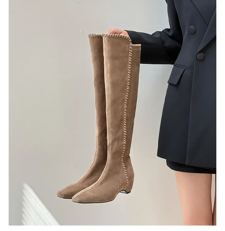 >>2号加绒款拍这个冬新款内增高方头编织弹力靴瘦瘦靴