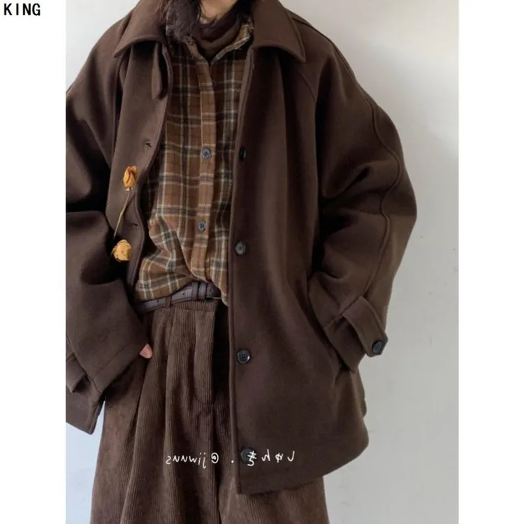 冬季日系穿搭整套美拉德复古单排扣呢子大衣男宽松插肩袖毛呢外套
