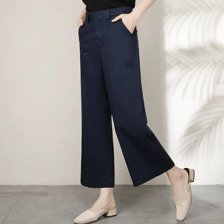 春秋款水洗纯棉九分裤女藏青色阔腿裤高腰宽松显瘦休闲直筒裤女