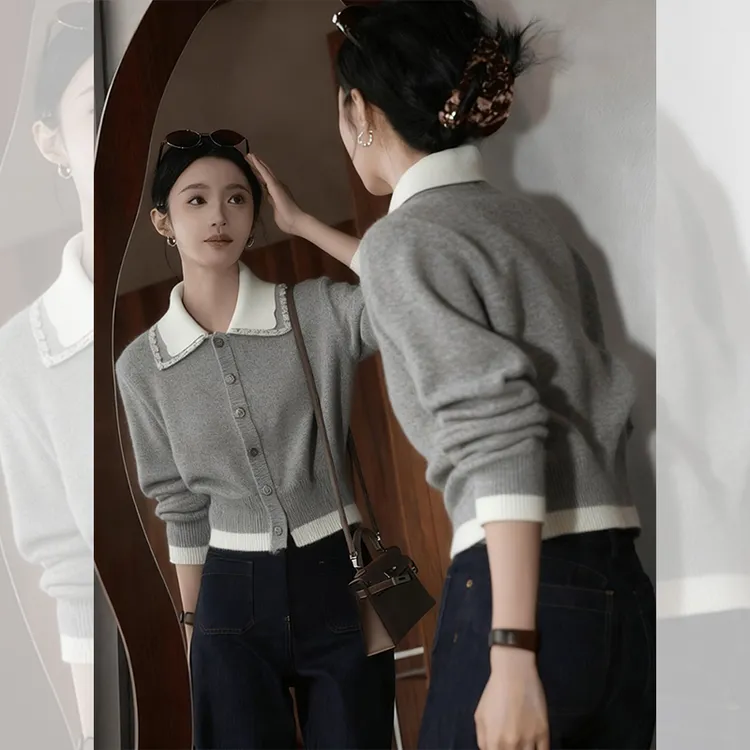 独特漂亮内搭灰色polo领小衫休闲针织开衫洋气高贵上衣女冬季穿搭