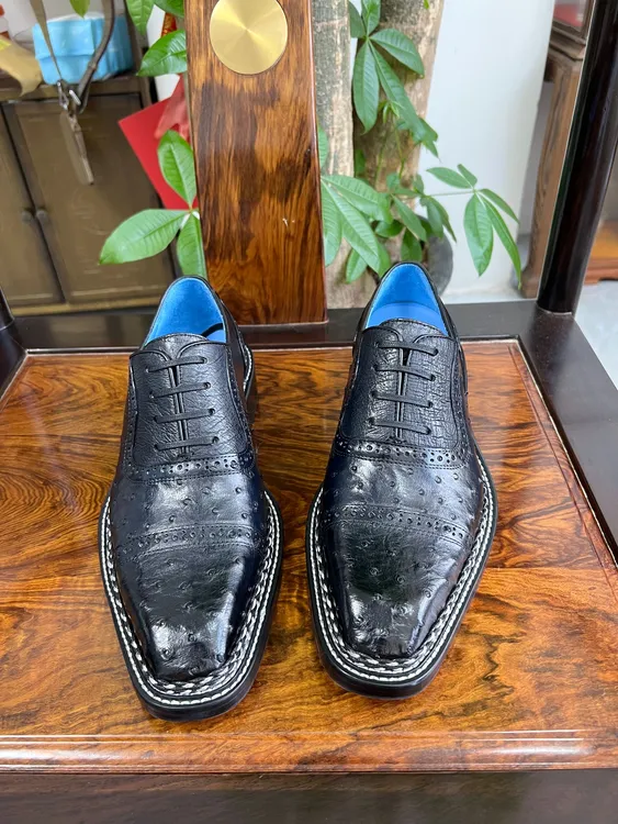 三接头鸵鸟皮琴底挪威缝八缝线系带正装鞋雕花牛津鞋潮流时尚百搭