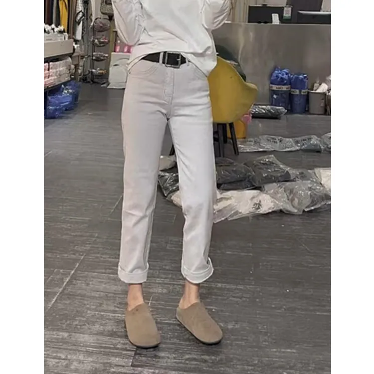 大码弹力高腰直筒牛仔裤女2025年春季新款小个子显瘦九分法棍裤