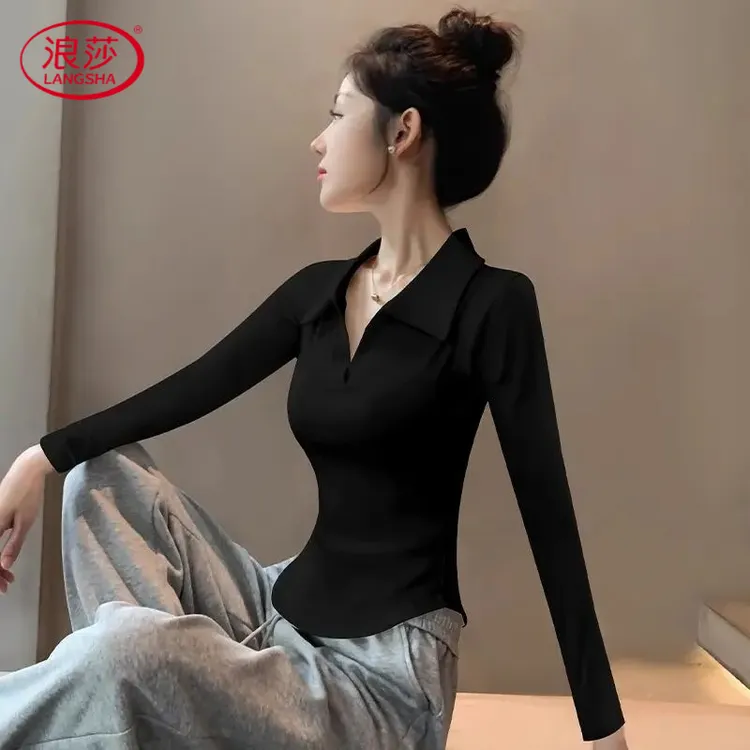 浪莎弧形设计感秋冬女黑色上衣长袖2025下摆翻领不打底衫新款polo