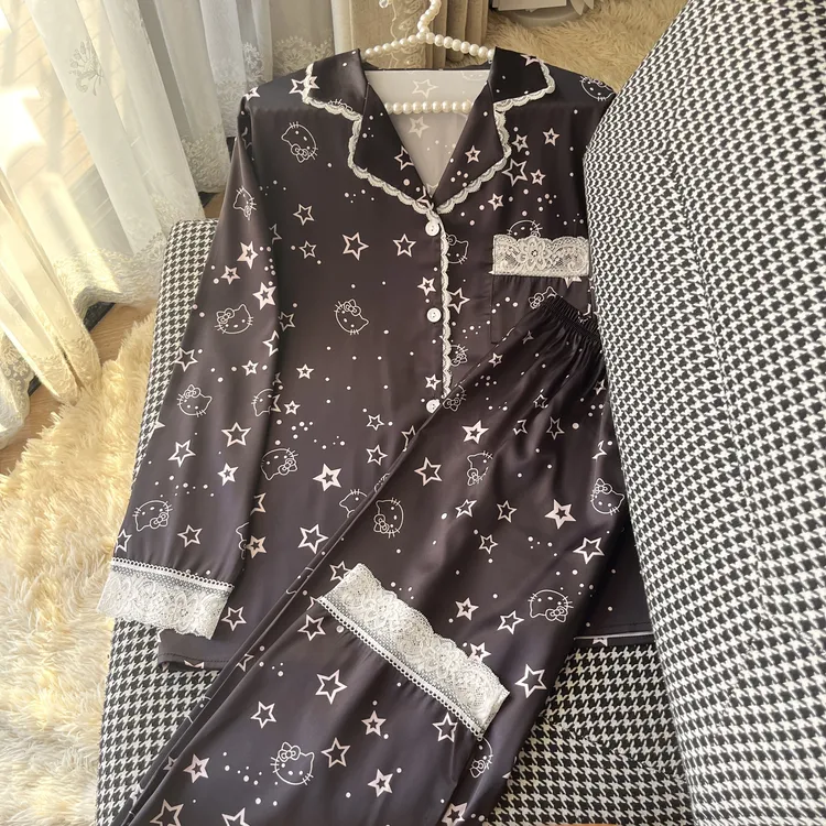 蕾丝卡通2025年春秋款爆款冰丝开衫睡衣两件套装女士可外穿家居服