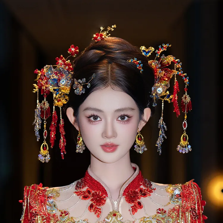 合金树脂婚庆饰品 新款新娘发饰秀禾精致红蓝撞色高端头饰品G0325