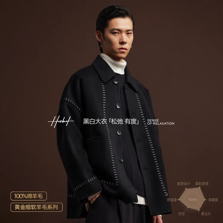 HERBEL/黑白2025秋冬黑色100%绵羊毛大衣 男女同款少年感穿搭