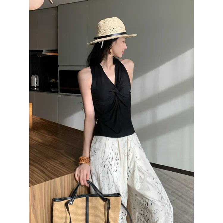 JIJINQI时尚气质显瘦无袖扭结法式通勤修身设计上衣JD04SZPT1278