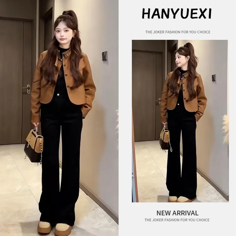 秋季搭配一整套女装2025新款韩版皮衣外套打底衫高腰直筒裤三件套