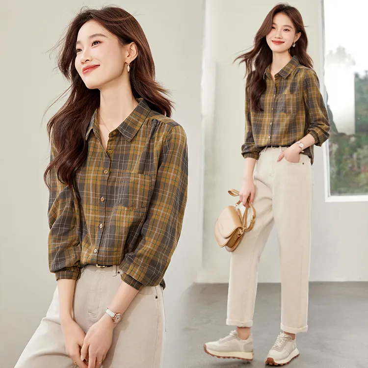 复古格子纯棉衬衫女2025外穿2025五一旅游出街衣服春游出行衣服