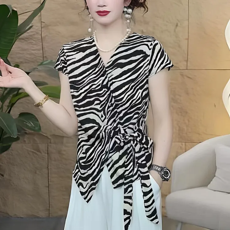 【歌莱图】夏季新款时尚休闲水波纹印花系带短袖T恤上衣#5811