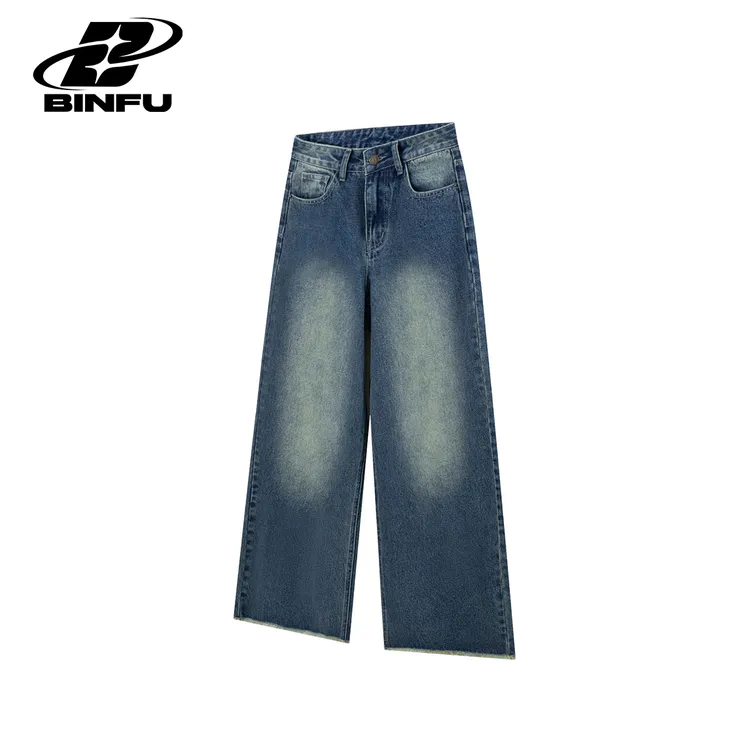 BINFU自制 秋冬复古蓝 做旧长裤宽松男女同款显瘦宽松阔腿牛仔裤