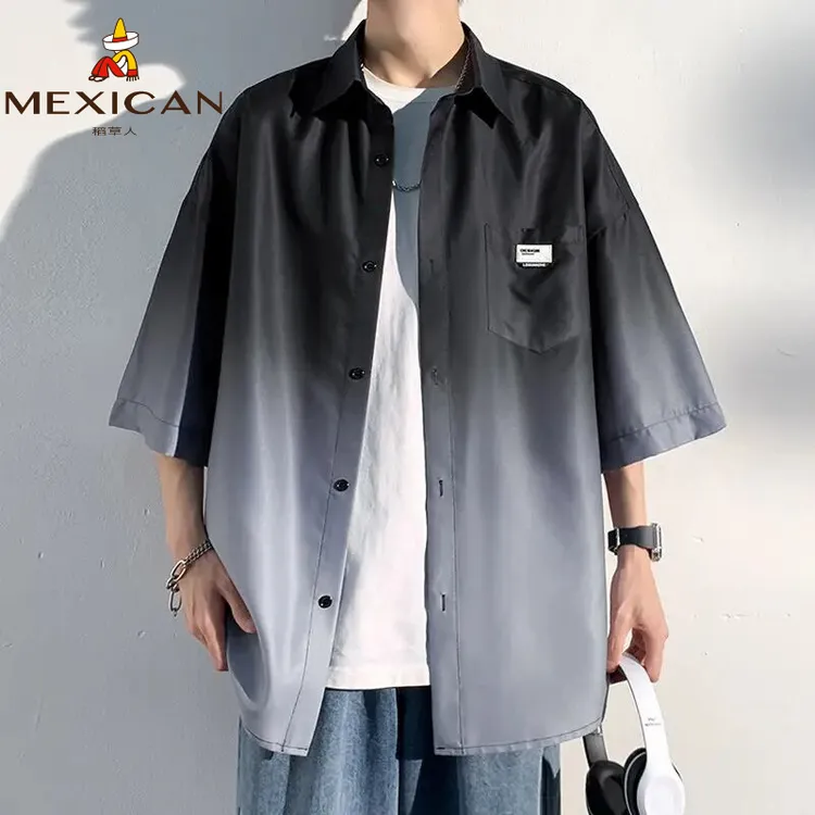 Mexican/稻草人冰丝渐变短袖衬衫夏季薄款情侣款休闲衬衣长袖外套