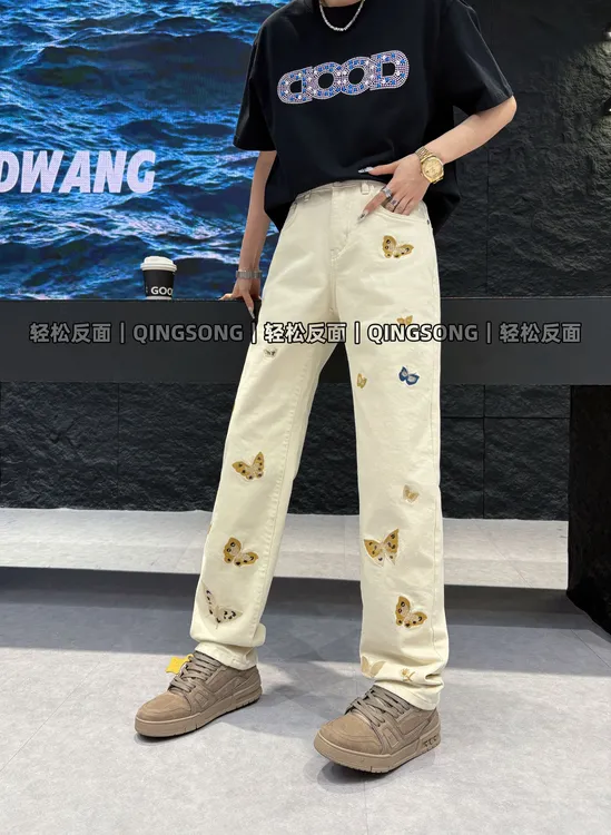 【雨蝶】秋冬潮流直筒百搭牛仔裤蝴蝶刺绣重工轻奢复古做旧中性长裤