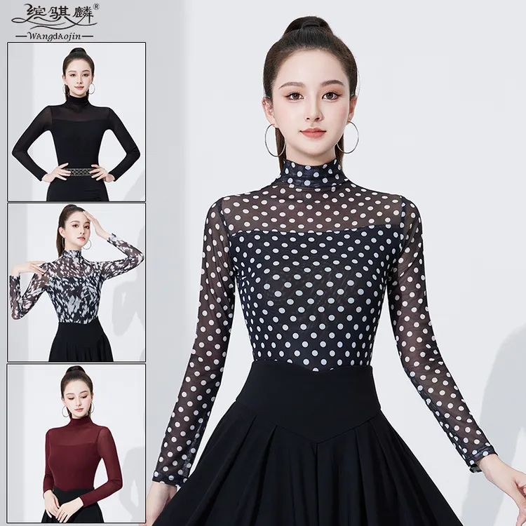 国标舞上衣女新款长袖网纱形体训练服网红跳舞服高领拉丁舞练功服