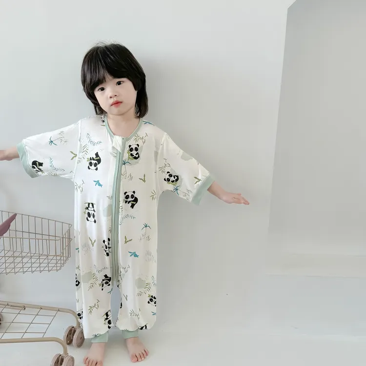 夏季婴幼儿七分袖分腿睡袋天丝儿童短袖空调抑菌纯棉宝宝睡衣A类