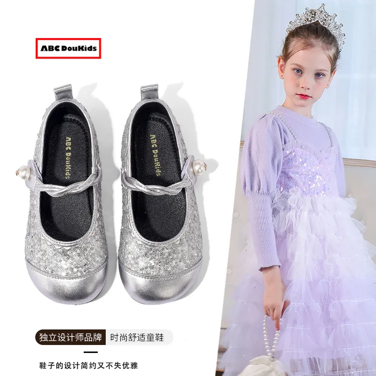 ABC Doukids女童皮鞋2025春季新款儿童闪亮珍珠公主鞋软底宝宝鞋