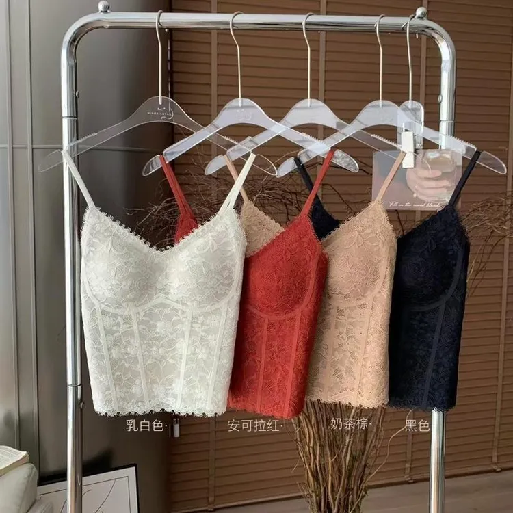 6063纯欲复古碎花蕾丝小吊带背心简约外穿百搭带胸垫性感美背内衣