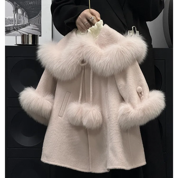 壹妈童装女童毛呢外套中长款秋冬装新款女宝宝保暖狐狸毛羊绒大衣