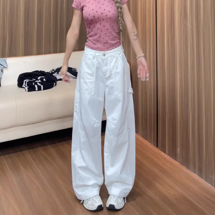 美式白色工装阔腿裤女夏薄款2025新款高腰宽松显瘦时尚直筒拖地裤