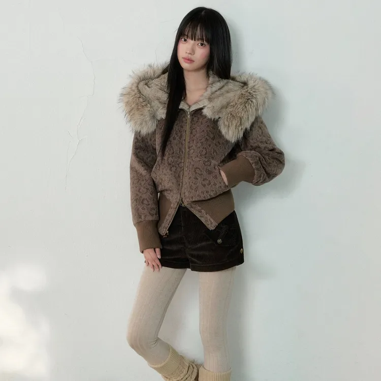 Soate Seasam 原创韩系豹纹呢子复古毛领修身显瘦连帽休闲外套女