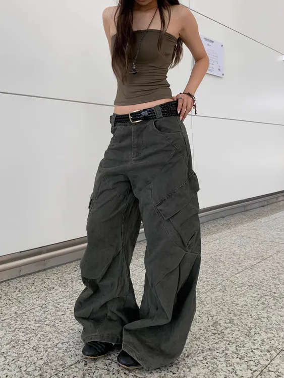 BINXLAN美式复古水洗做旧廓形大口袋工装裤女宽松直筒阔腿长裤子