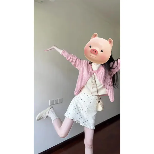 2025早秋季韩系粉色假两件短款针织开衫女撞色条纹上衣+裙子套装