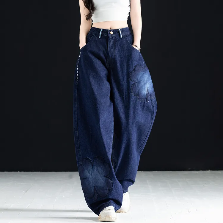 弯刀牛仔裤女款2025新款秋冬宽松小众设计感刺绣裤子女潮牌阔腿裤