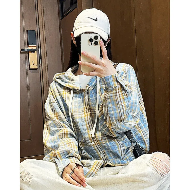 古着vintage黄蓝格子连帽衬衫男春季慵懒风长袖休闲衬衣情侣外套