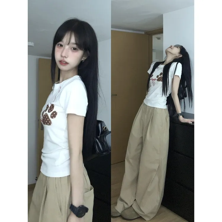 MARIE.COCO美式辣妹猫爪印花正肩T恤上衣女搭配气质休闲裤两件套