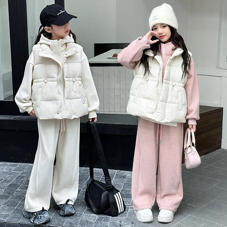 女童加绒加厚卫衣套装冬款2024儿童6-15岁女大童时尚马甲三件套