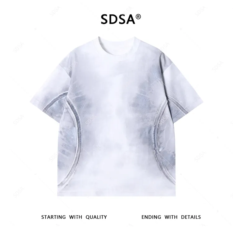 SDSA夏季新款男士痞帅韩系简约渐变拼接短袖T恤小众设计圆领上衣