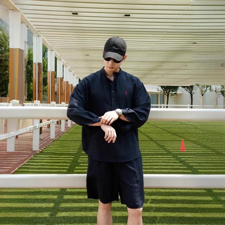 高端轻奢老钱风天丝亚麻套装夏季新款混纺亨利领衬衫宽松印花长袖