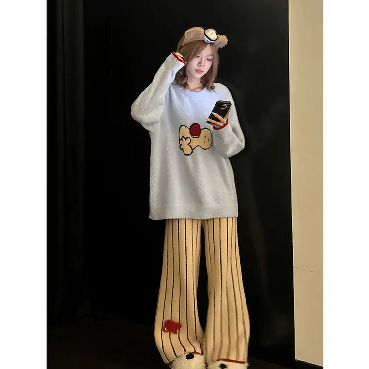 可爱卡通酷猫半边绒条纹睡衣女冬季新款条纹长裤可外穿家居服套装