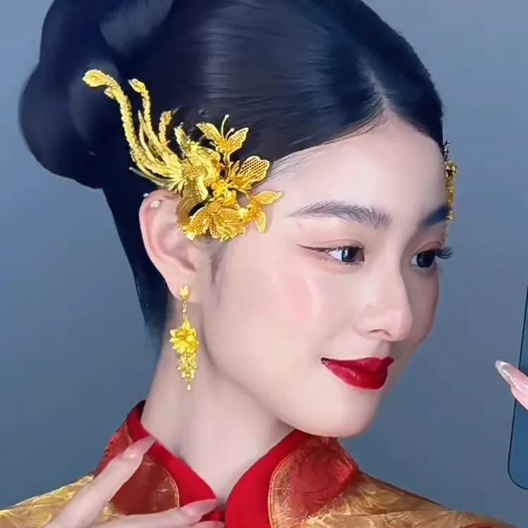 ETE-12521喜淘新娘轻奢金色花叶发梳 中式婚礼复古精致头饰配饰