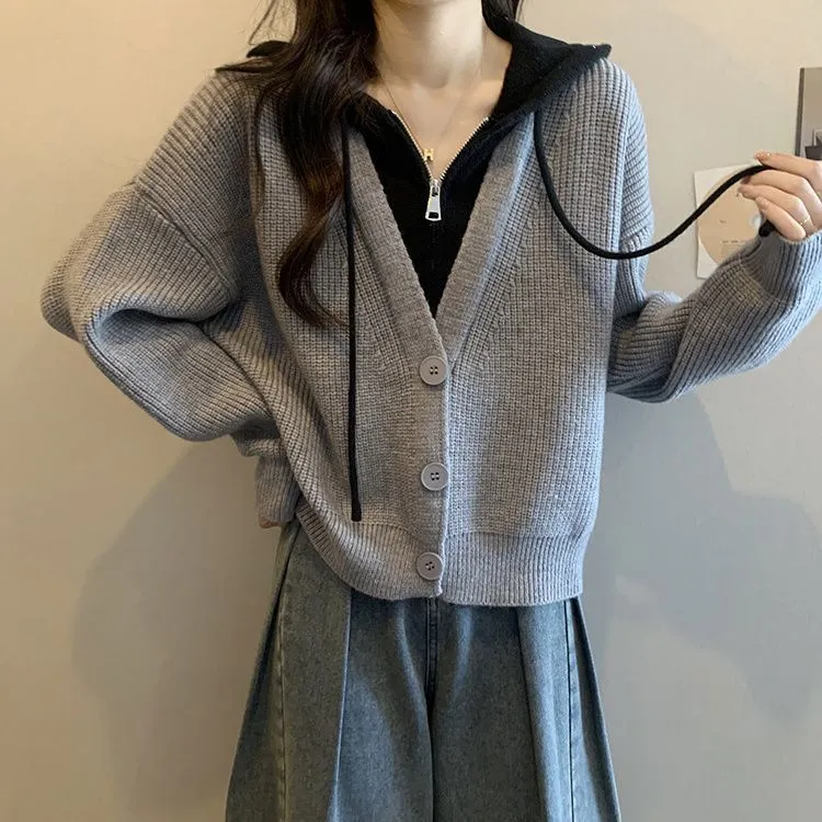 韩版时尚短款连帽毛衣外套女秋季新款宽松拼接假两件针织开衫上衣
