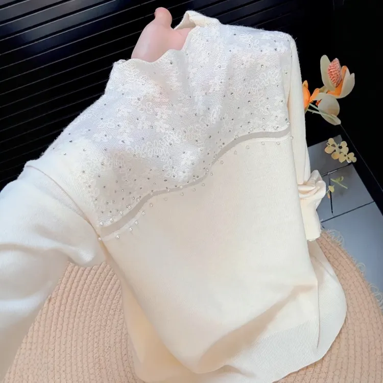 法式高级感蕾丝拼接针织衫2025新款秋冬大码显瘦钉珠宽松洋气毛衣