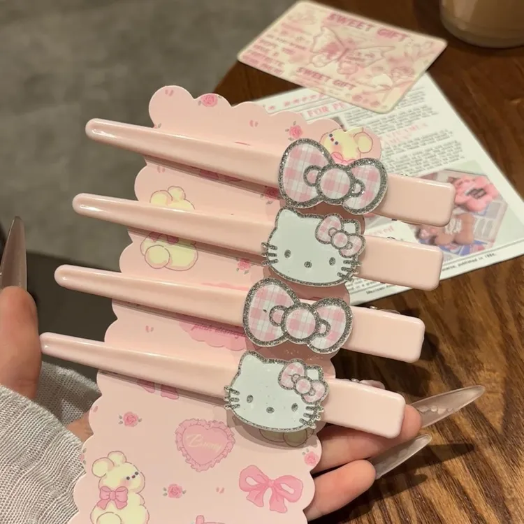 可爱HelloKitty无痕侧边刘海夹子甜美少女心闪粉tk猫咪长款鸭嘴夹