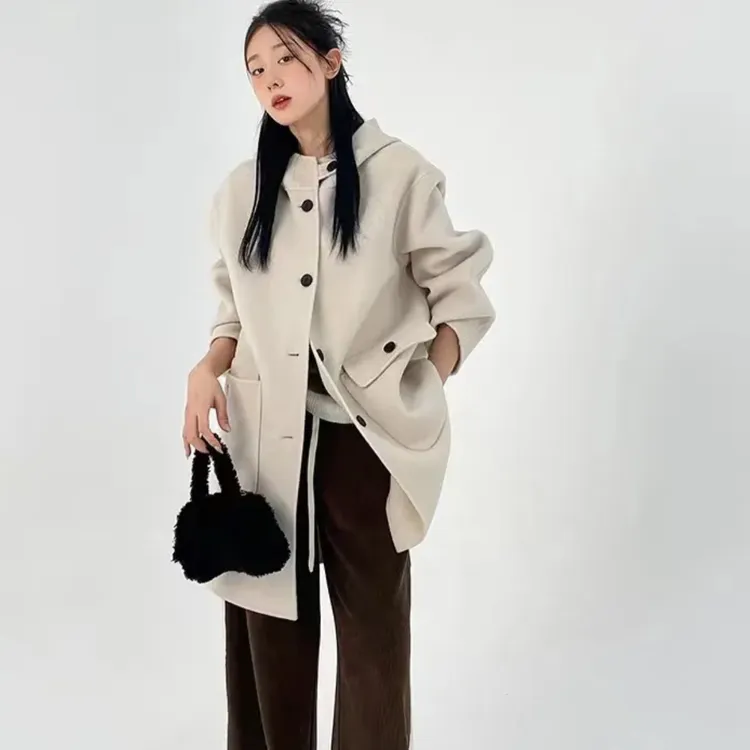 6665双面大衣长袖翻领时尚双面毛宽松中长款韩版气质毛呢秋冬百搭