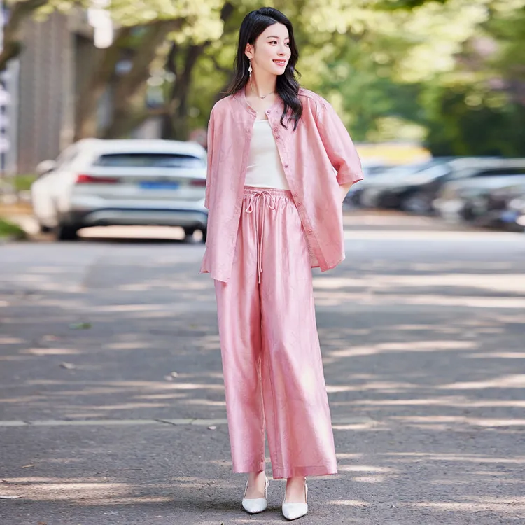 天丝100%女装时尚休闲套装夏季新款中袖提花外套上衣长裤两件套SY