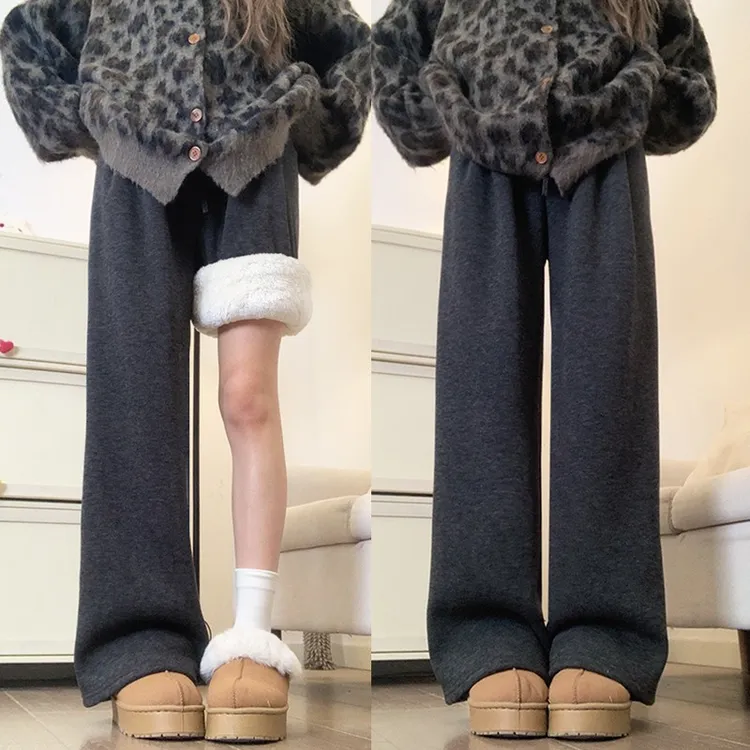 羊羔绒糯米裤女秋冬季加绒2025新款高腰直筒加厚小个子灰色休闲裤