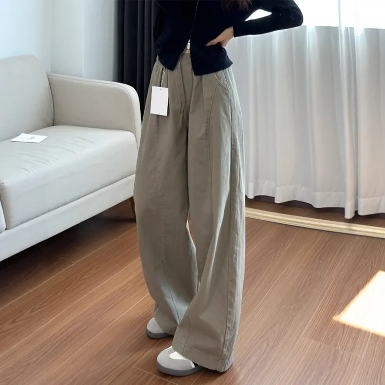 卡其色直筒休闲工装裤女胖mm大码显瘦2025新款美式宽松阔腿弯刀裤