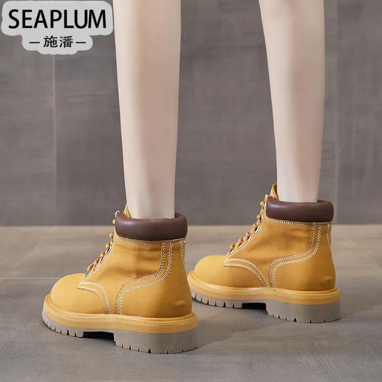 SEAPLUM真皮马丁靴女厚底2025夏季新款百搭高帮薄款大黄靴踢不烂