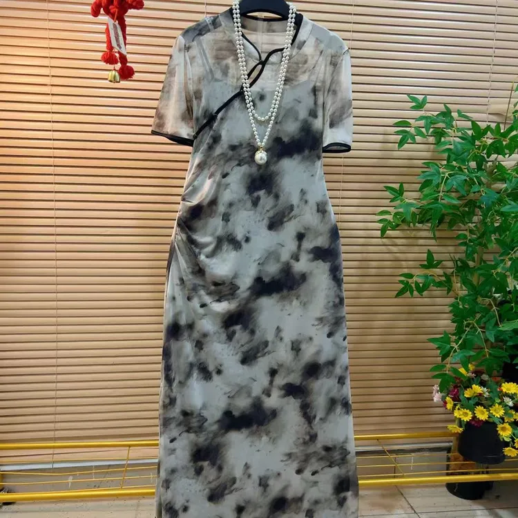 温柔气质文艺水墨旗袍+吊带长裙胖YY2025夏季新款新中式国风套装