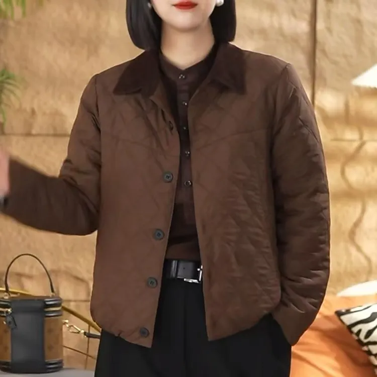 冬季保暖菱格打格棉服时尚休闲女装短款小个子减龄翻领夹棉外套女