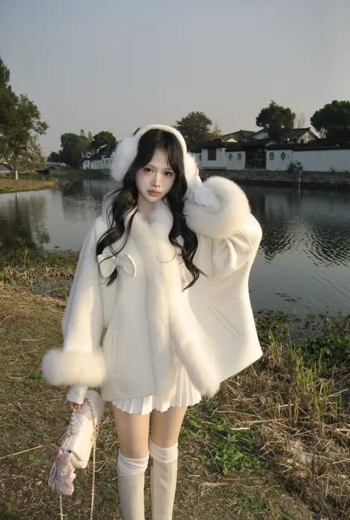 静香Ootd“少女心事”蝴蝶结双面羊毛狐狸毛皮草大衣