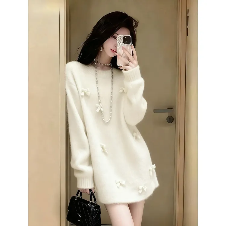 韩系立体花朵针织连衣裙女2025新款秋冬新款氛围宽松直筒毛针织衫