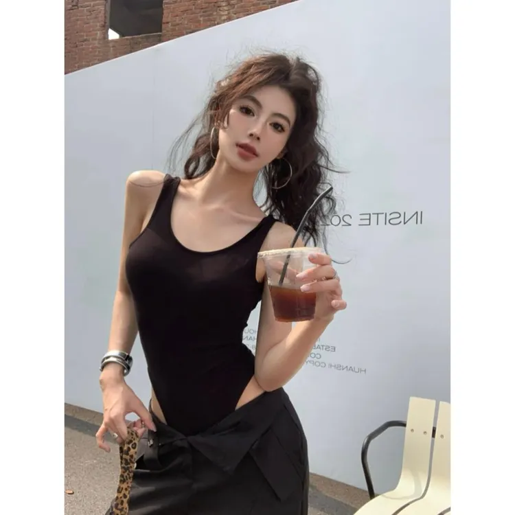 美式辣妹带胸垫露背u领吊带背心女夏季黑色修身内搭外穿连体上衣